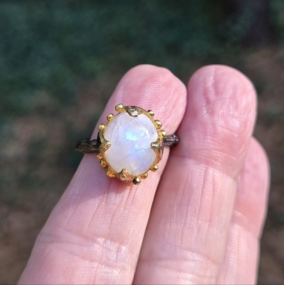 Moonstone 8k Sterling Gold & Rhodium Ring Sz8 - Picture 15 of 16